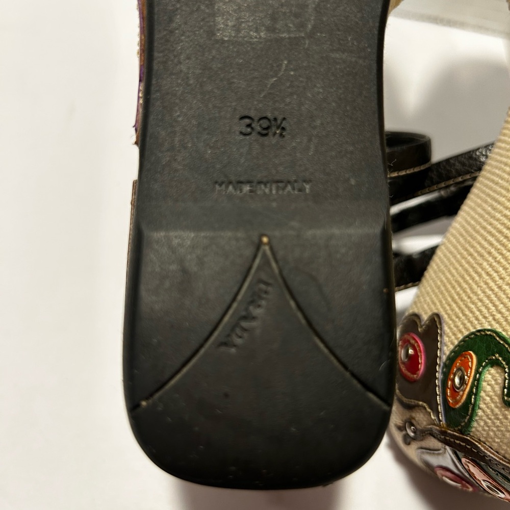 Prada Black and Cream Wedge Sandals with Floral Embroidery - Picture 8 of 10